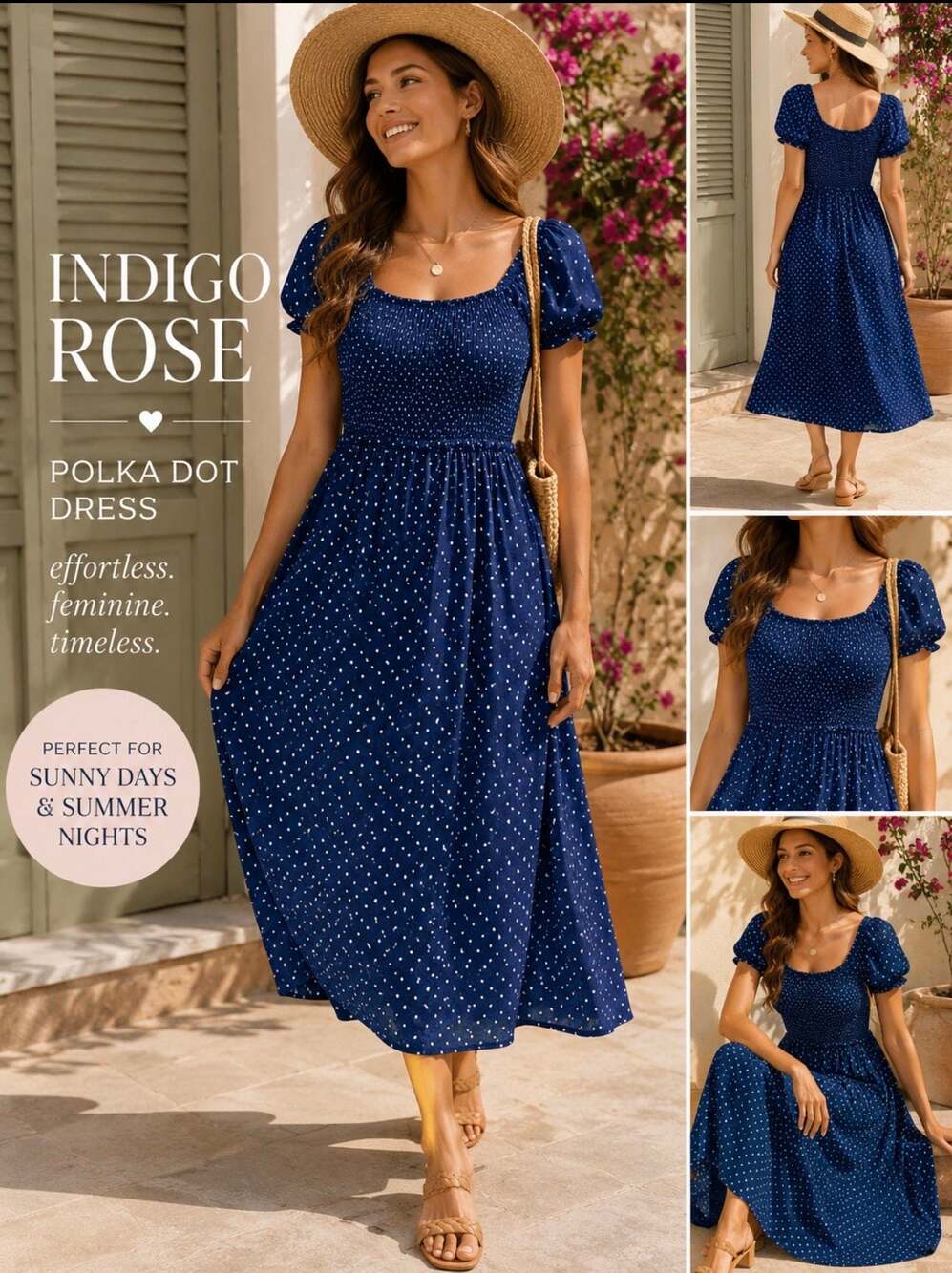 Indigo Rose Blue Polka Dot Smocked Puff Sleeve Midi Dress L Cottagecore